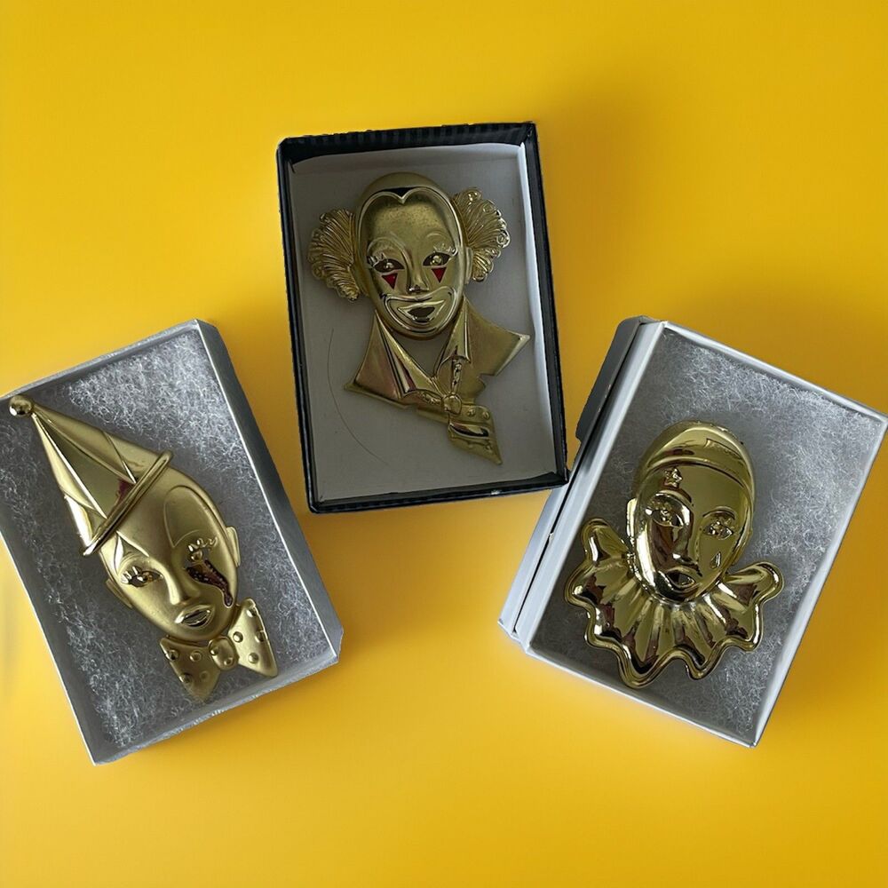3 Clown Pins Gold 2 Inches Vintage New Old Stock